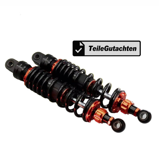 SET Stoßdämpfer Federbein Gasdruck 385mm einstellbar orange - mit Teilegutachten - Neuware